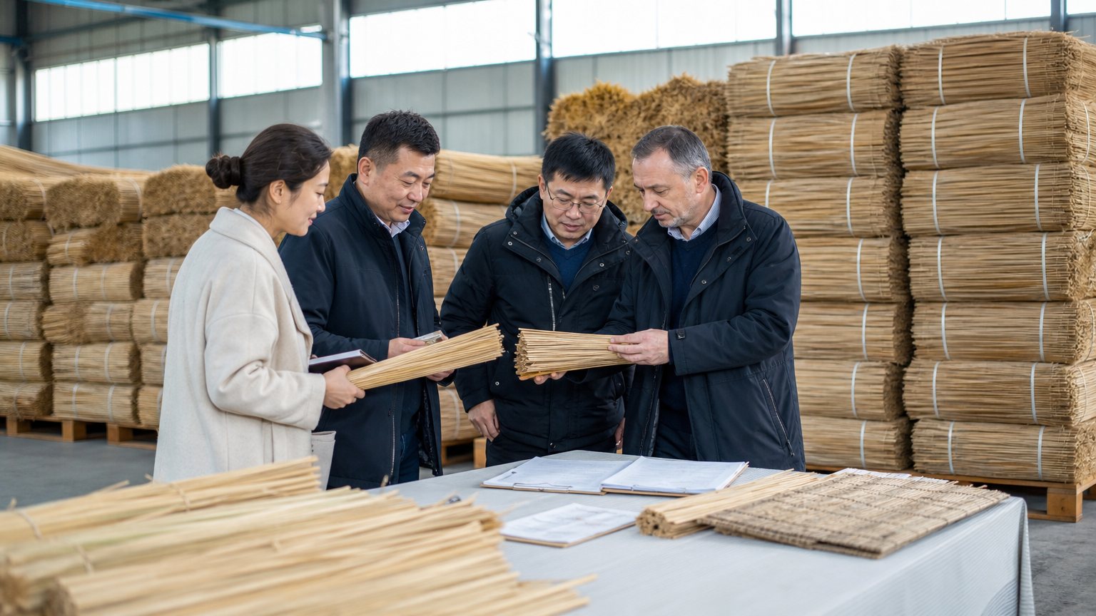 Water reed export team inspecting reed samples