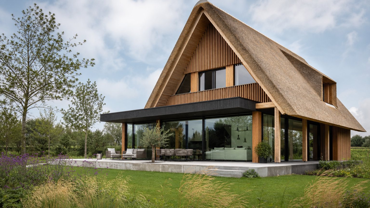 Modern European building with natural reed thatched roof