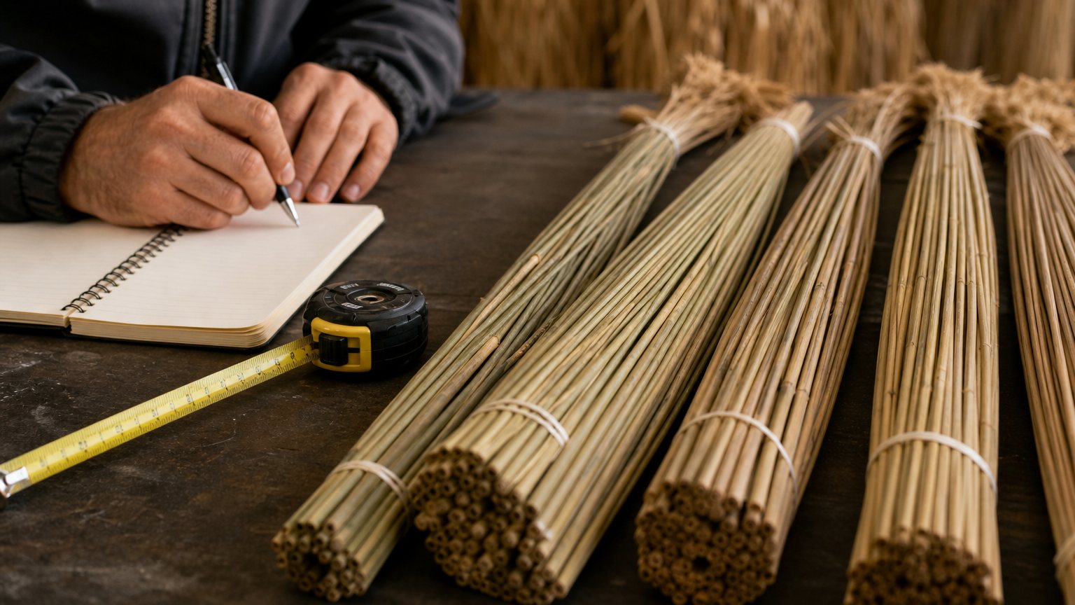 Water reed samples and measuring tools on an inspection table